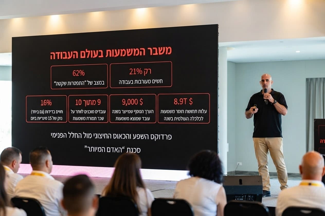 אייל גונן על הבמה בהרצאה על משמעות בעבודה